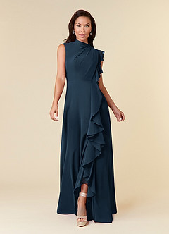 Azazie Narine Mother of the Bride Dresses Dark Navy A-Line High Neckline Pleated Chiffon Dress image3