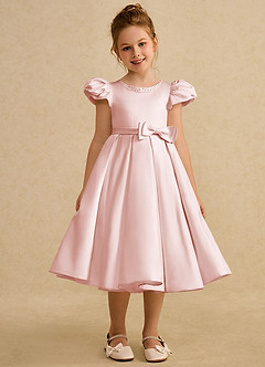 Azazie Pearl Flower Girl Dresses Blushing Pink Ball-Gown Pleated Matte Satin Dress image5