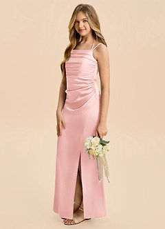 Azazie Nova Junior Powder Pink Sheath Pleated Stretch Satin Dress image4