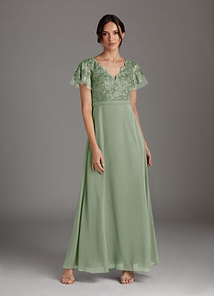 Azazie Singer Mother of the Bride Dresses Dusty Sage A-Line V-Neck Lace Chiffon Dress image1