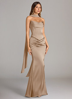 Azazie Sorrel Brautjungfernkleider Wandelbar Meerjungfrau-Linie Schulterfrei Stretch-Satin Kleid Taupe image3