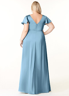 Azazie Soren Bridesmaid Dresses Steel Blue A-Line Pleated Stretch Satin Dress image9