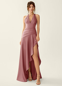 Titania Dusty Pink Satin V-neck Ruffled Prom Dress image3
