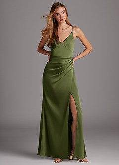 Azazie Shania Bridesmaid Dresses Olive Sheath V-Neck Pleated Stretch Satin Dress image3