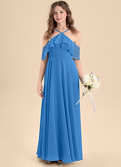 Azazie Tessabelle Junior Abito A-Line in Chiffon a Spalla Scoperta Blue Jay image4