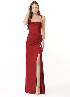 Azazie Leonis Bridesmaid Dresses Pomegranate Mermaid Pleated Stretch Satin Convertible Dress image1