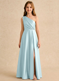 Azazie Puddles Girls Formal Robe Demoiselle D'honneur Fillette Robe Trapèze en Satin extensible Une épaule Bleu Nuage image6