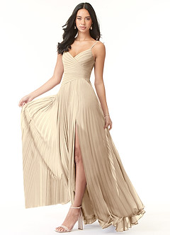 Azazie Vini Vestidos de damas de honor Vestido de Champán de Gasa de Corte en A con Cuello en V Plisado image3