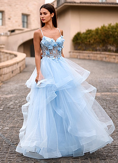 Dreama Bleu Ciel Robe de bal corset en dentelle à volants image2