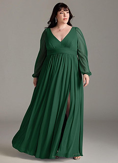 Azazie Norah Vestidos de damas de honor Vestido de Verde Oscuro de Gasa de Corte en A con Manga larga con cuello en V image6