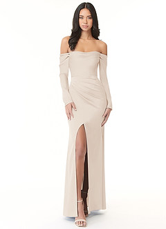 Azazie Hallie Bridesmaid Dresses White Alabaster Sheath Off-The-Shoulder Long Sleeve Stretch Satin Convertible Dress image4