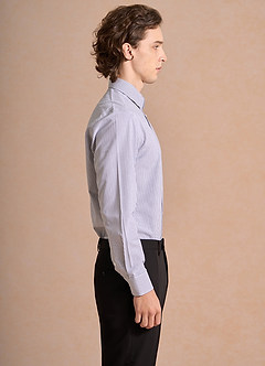 front Aiden Brushed Denim Blue 100% Cotton Non-Iron Striped Dress Shirt