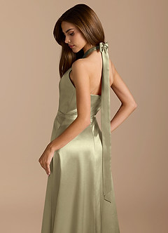 Azazie Tracie Bridesmaid Dresses Moss Green A-Line Pleated Metallic Satin Dress image8