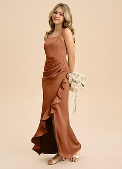 Azazie Buzzy Junior Copper Sheath Pleated Stretch Satin Dress image6