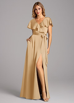 Azazie Lainey Robes de demoiselle d'honneur Robe Trapèze en Satin extensible avec poches Or image3