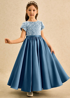 Azazie Cashew Flower Girl Dresses Bermuda Ball-Gown with Sleeves Matte Satin Dress image4
