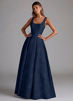 Azazie Amalie Abiti da Damigella Abito A-Line in Burnout Floreale Plissettato Marino Scuro image1