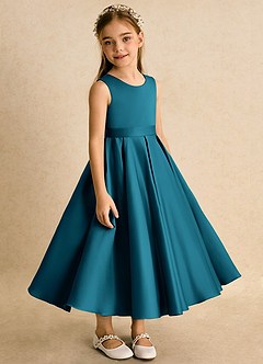 Azazie Junebuj Flower Girl Dresses Ink Blue Ball-Gown Pleated Matte Satin Dress image5