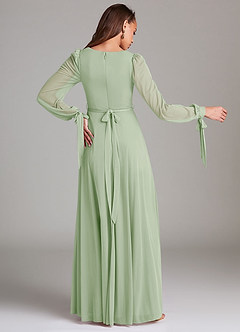 Azazie Leonia Bridesmaid Dresses Dusty Sage A-Line Long Sleeve Mesh Dress image4