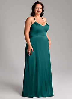 Azazie Mei Bridesmaid Dresses Peacock A-Line V-Neck Stretch Satin Dress image10