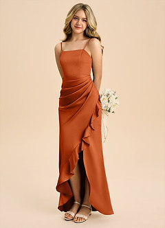 Azazie Buzzy Junior Burnt Orange Sheath Pleated Stretch Satin Dress image1