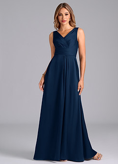 Azazie Karina Bridesmaid Dresses Dark Navy A-Line Pleated Stretch Satin Dress image4