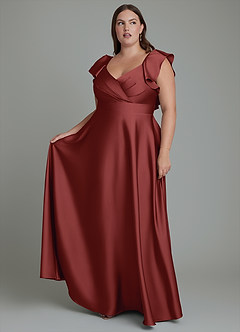 Azazie Leilani Robes de demoiselle d'honneur Robe Trapèze en Satin extensible Drapé Terracotta image1