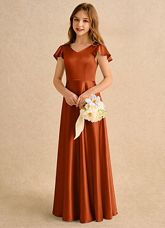Azazie Nari Girls Formal Final Sale Burnt Orange A-Line with Sleeves Stretch Satin Dress image4