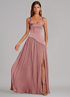 Azazie Stephanie Vestidos de damas de honor Vestido de Rosa Polvorienta de Satén Elástico de Corte en A con Plisado image4