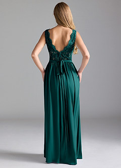 Azazie Elly Bridesmaid Dresses Peacock A-Line Lace Stretch Satin Dress image2