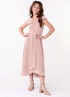 Azazie Posie Junior Powder Pink A-Line Ruched Chiffon Dress image3