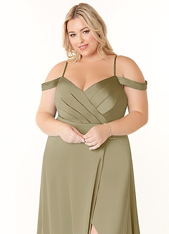 Azazie Ocean Bridesmaid Dresses Moss Green A-Line V-Neck Pleated Stretch Satin Dress image10