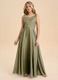 Azazie Popsy Junior Pistachio A-Line Bow Stretch Satin Dress image3