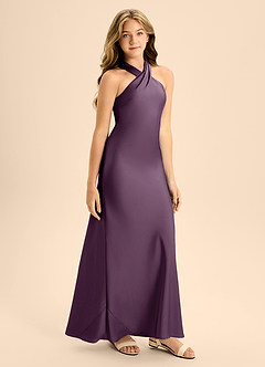 Azazie Doretta Junior Plum A-Line Pleated Stretch Satin Dress image6
