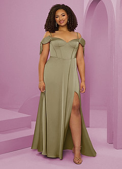 Barbie ♥ Azazie Bridesmaid Dresses Moss Green A-Line Off the Shoulder Stretch Satin Dress image8