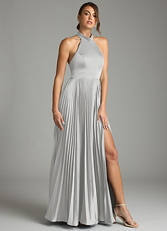 Azazie Zienna 신부 들러리 드레스 A라인 주름진 스트레치 새틴 바닥 길이 드레스 image1