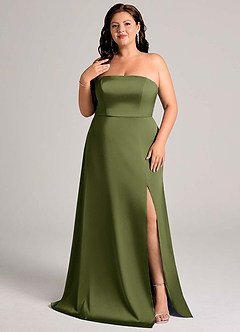 Azazie Wren Vestidos de damas de honor Vestido de Oliva de Satén Elástico de Corte en A Convertible con Sin tirantes image10