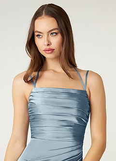 Azazie Desi Bridesmaid Dresses Dusty Blue Sheath Halter Corset Stretch Satin Dress image6