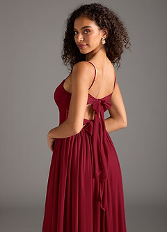 Azazie Zeya At-home Try On Dresses Burgundy A-Line Pleated Mesh Dress image6