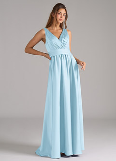 Azazie Kora Vestidos de damas de honor Vestido de Azul Cielo de Satén Elástico de Corte en A con Plisado image3
