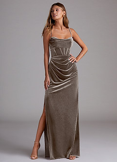 Azazie Mai Bridesmaid Dresses Silver Taupe Sheath Sweetheart Neckline Velvet Dress image4