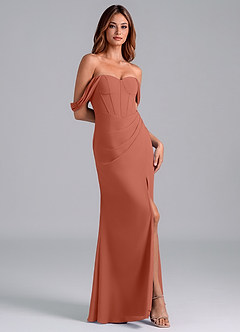 Azazie Asha Bridesmaid Dresses Clay Sheath Off the Shoulder Chiffon Convertible Dress image3