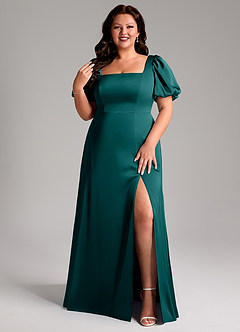 Azazie Fyona Bridesmaid Dresses Peacock A-Line Pleated Stretch Satin Dress image1
