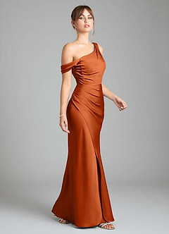 Azazie Madelyn Bridesmaid Dresses Burnt Orange Mermaid One Shoulder Stretch Satin Convertible Dress image5