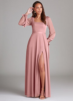 Azazie Leonia Bridesmaid Dresses Dusty Rose A-Line Long Sleeve Mesh Dress image1