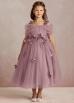 Azazie Shaylee Flower Girl Dresses Dusty Rose A-Line Off the Shoulder Tulle Dress image3