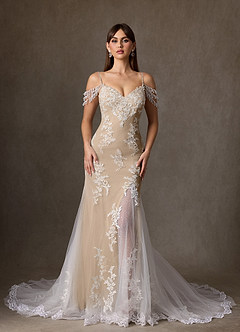 Azazie Saskia Wedding Dresses Diamond White Nude Mermaid Sequins Tulle Dress image1