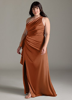 Azazie Maive Bridesmaid Dresses Copper Sheath Ruched Stretch Satin Dress image9