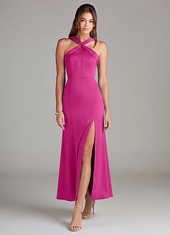 Azazie Rue Bridesmaid Dresses Fuchsia Mermaid Pleated Stretch Satin Dress image3
