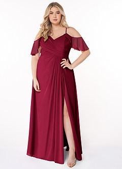 Azazie Dakota Vestidos de damas de honor Vestido Borgoña de Gasa de Línea A con Cuello en V plisado image6
